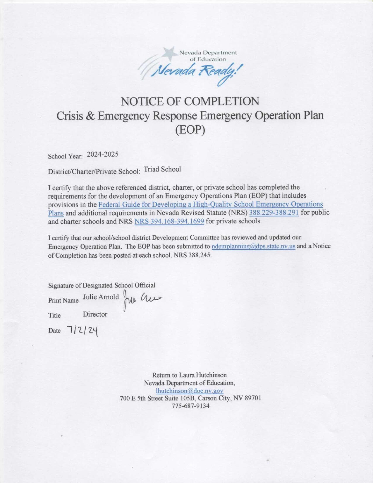 Emergency Operation Plan completion notice document.